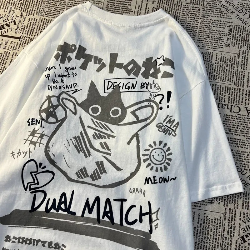 Japanese Retro Pocket Cat Print Oversized Tee