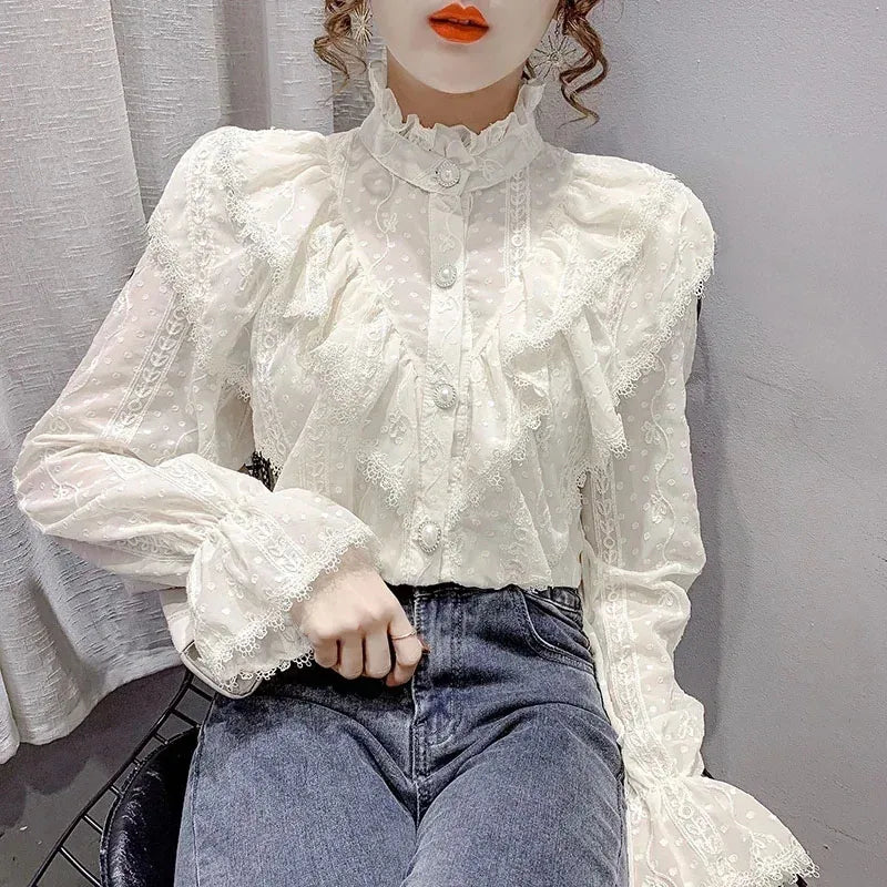 Elegant Stand Collar Pleated Tops Casual Ruffle Lace Blouse