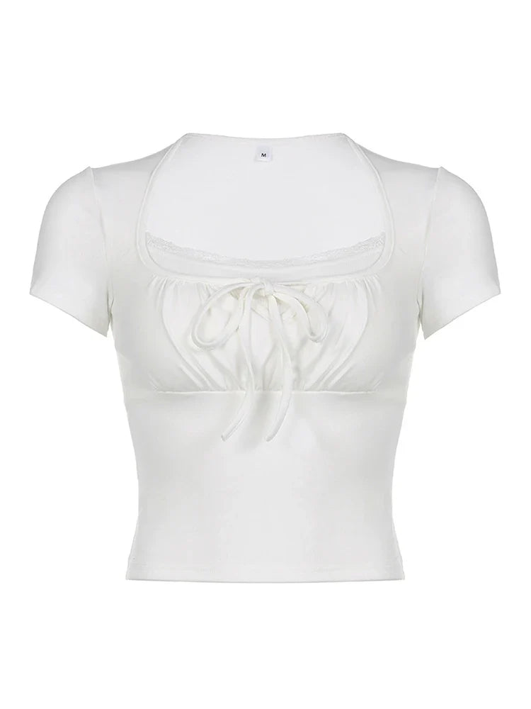 Square Neck Lace Trim Tie-Up Shirred Crop Top