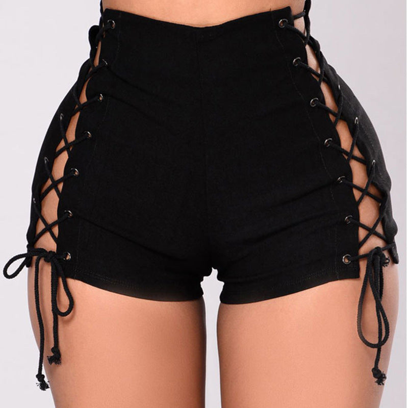 High-Waisted Denim Shorts with Side Lace-Up