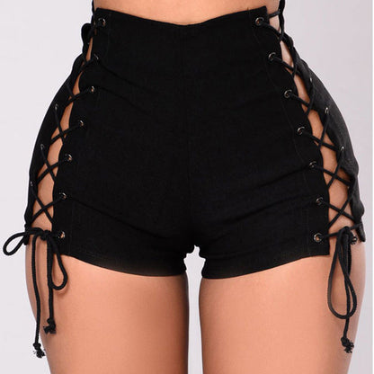 High-Waisted Denim Shorts with Side Lace-Up