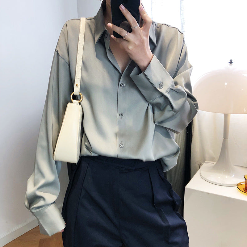 Spring and Autumn design sense niche light and mature solid color drape satin top