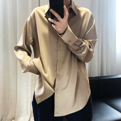 Spring and Autumn design sense niche light and mature solid color drape satin top