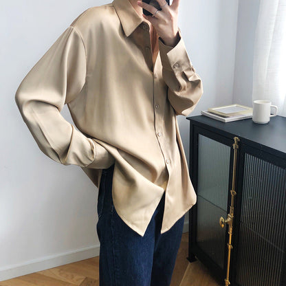 Spring and Autumn design sense niche light and mature solid color drape satin top