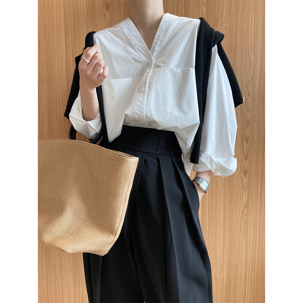 French simple long-sleeved V-neck shirt women's autumn new design niche lazy style shirt