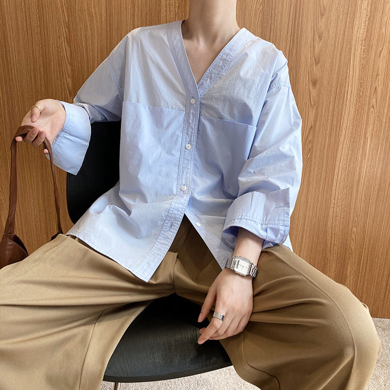 French simple long-sleeved V-neck shirt women's autumn new design niche lazy style shirt