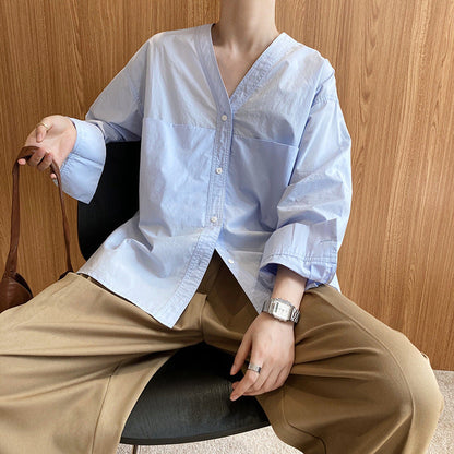 French simple long-sleeved V-neck shirt women's autumn new design niche lazy style shirt