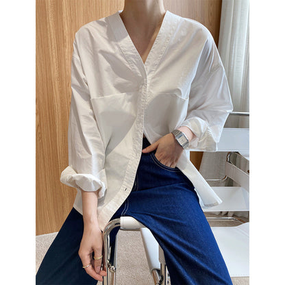 French simple long-sleeved V-neck shirt women's autumn new design niche lazy style shirt