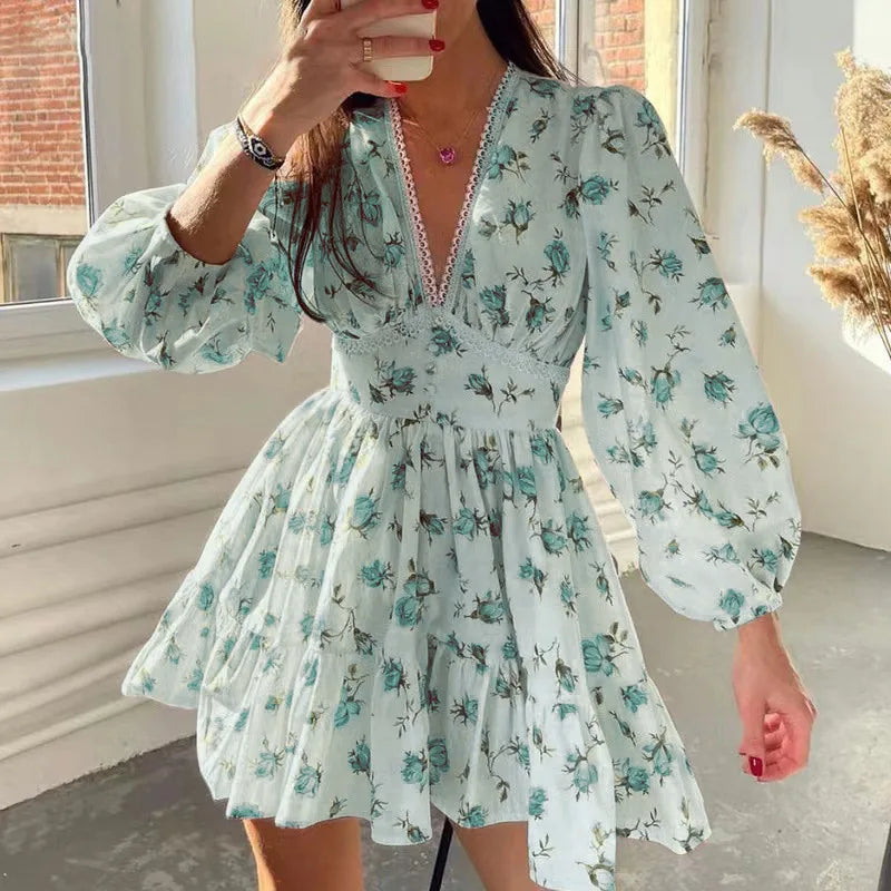 Floral Print A-Line Mini Dress Women High Waist V-Neck Long Sleeve Vintage