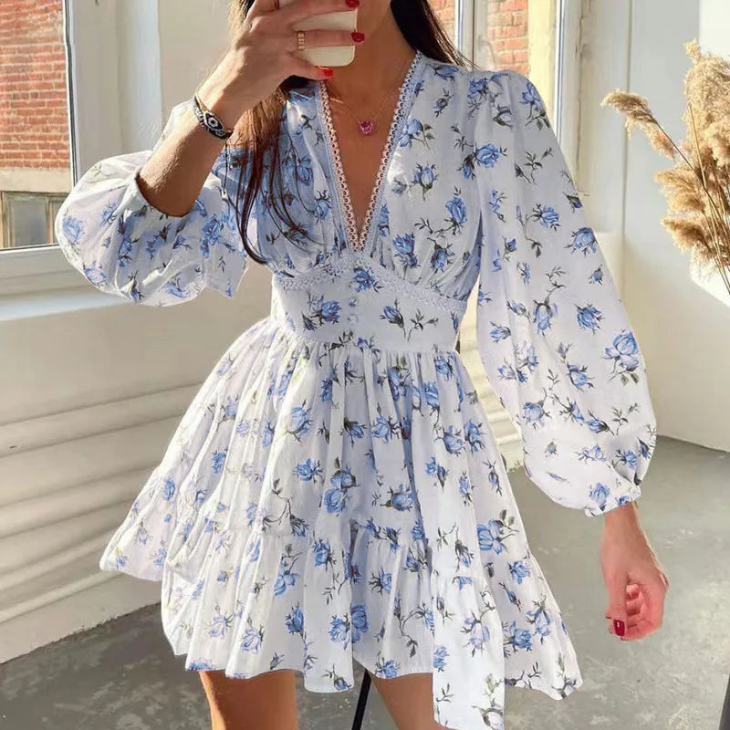 Floral Print A-Line Mini Dress Women High Waist V-Neck Long Sleeve Vintage