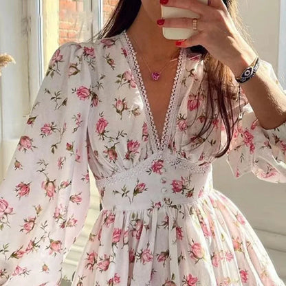 Floral Print A-Line Mini Dress Women High Waist V-Neck Long Sleeve Vintage