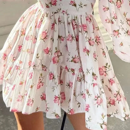 Floral Print A-Line Mini Dress Women High Waist V-Neck Long Sleeve Vintage