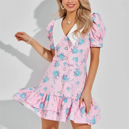 Tornova Print Puff Sleeves Ruffled Dress Women's V-Neck High Waist Pearl Buttons Mini Dress Female Casual Vacation Fashion Dress