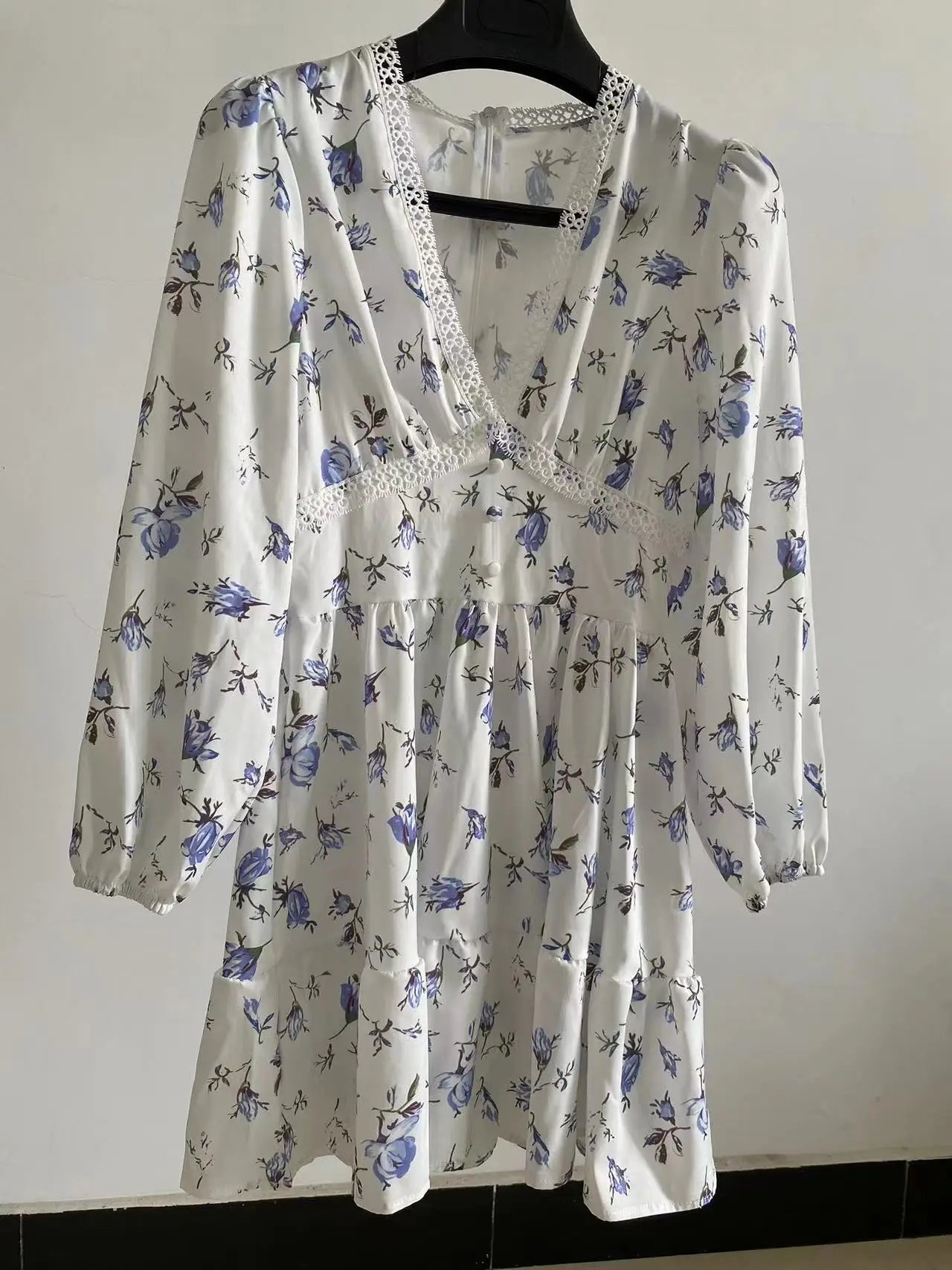Floral Print A-Line Mini Dress Women High Waist V-Neck Long Sleeve Vintage
