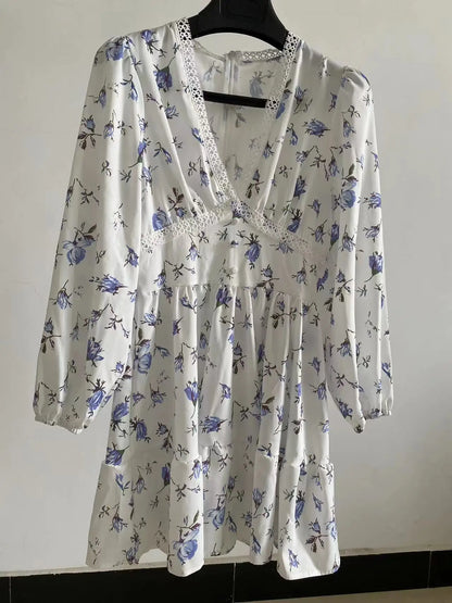 Floral Print A-Line Mini Dress Women High Waist V-Neck Long Sleeve Vintage