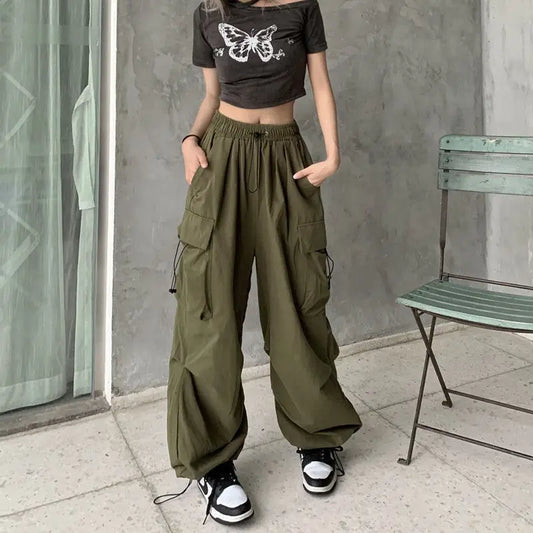Mid Waist Cargo Pants Wide Leg Regular Fit Ankle Length
