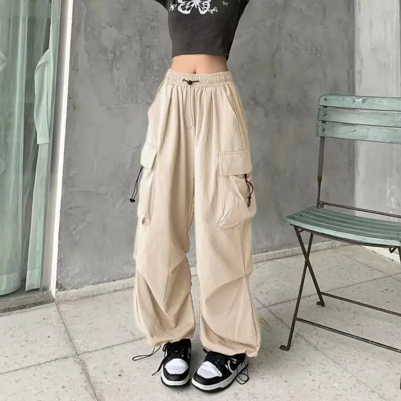 Mid Waist Cargo Pants Wide Leg Regular Fit Ankle Length