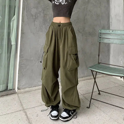 Mid Waist Cargo Pants Wide Leg Regular Fit Ankle Length