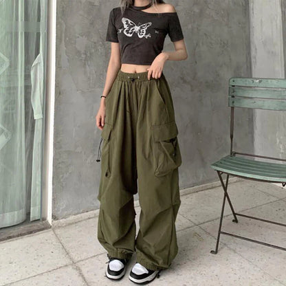 Mid Waist Cargo Pants Wide Leg Regular Fit Ankle Length