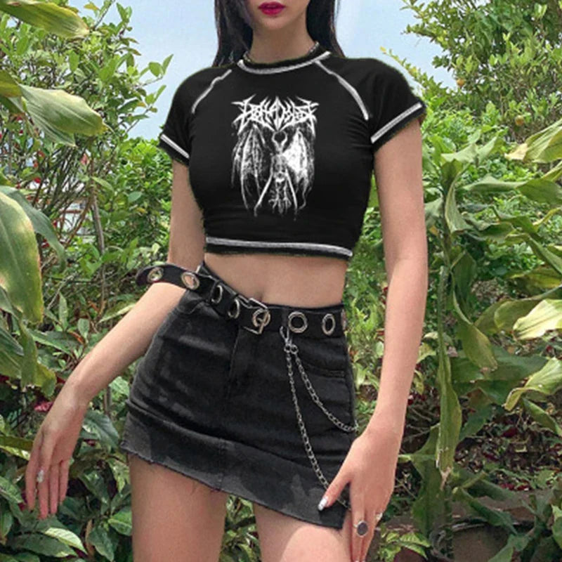 Women's T-shirt Harajuku Crop Top Retro Korean Black Demon Punk Gothic Anime Print Clothes Slim