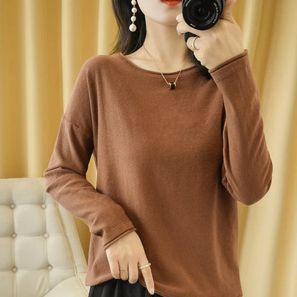 Round Neck Cotton Sweater Long Sleeve Regular Fit Pullover with Crimped Edge