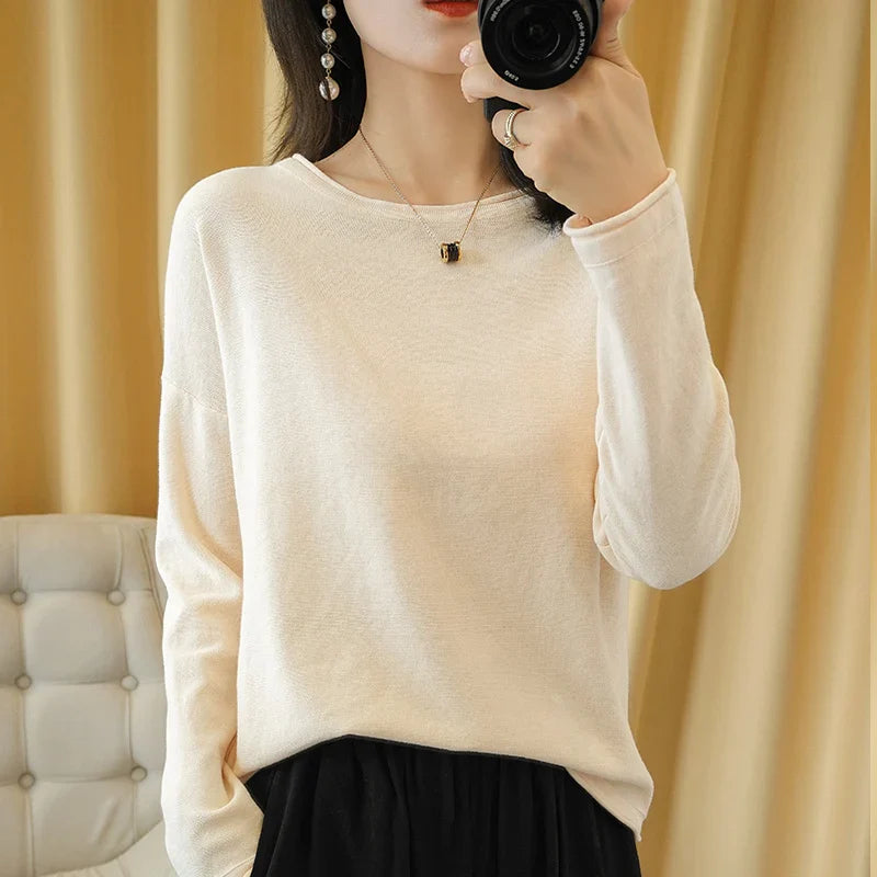 Round Neck Cotton Sweater Long Sleeve Regular Fit Pullover with Crimped Edge