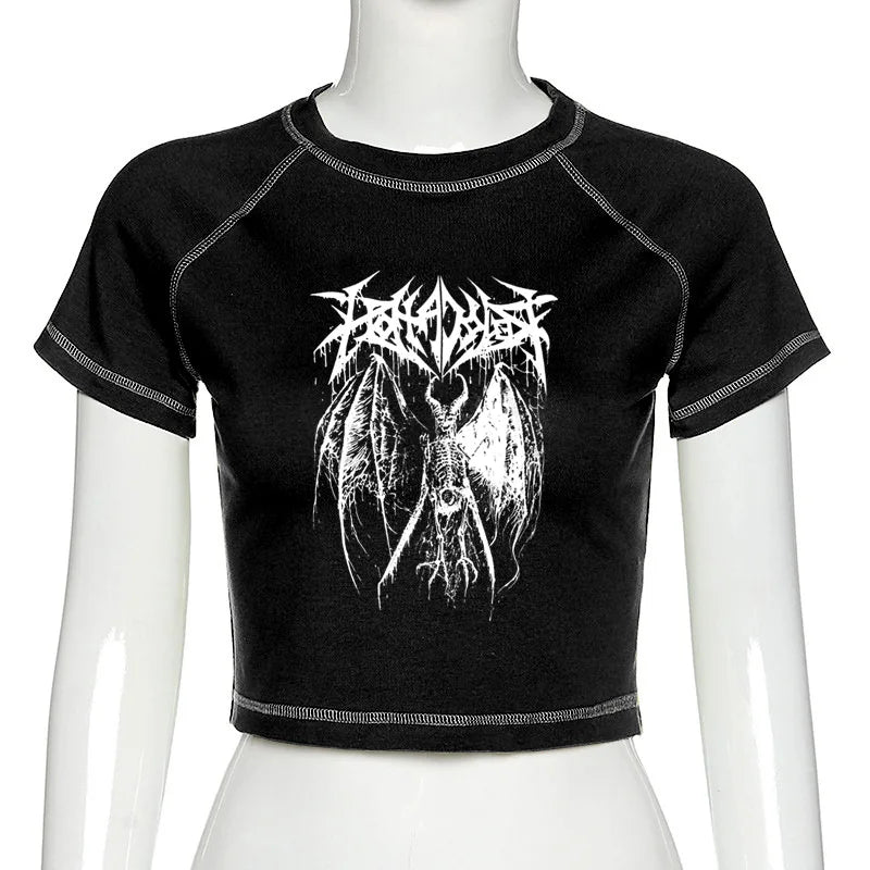 Women's T-shirt Harajuku Crop Top Retro Korean Black Demon Punk Gothic Anime Print Clothes Slim