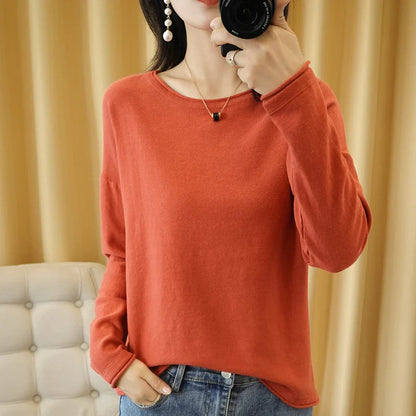 Round Neck Cotton Sweater Long Sleeve Regular Fit Pullover with Crimped Edge