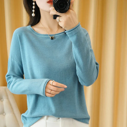 Round Neck Cotton Sweater Long Sleeve Regular Fit Pullover with Crimped Edge