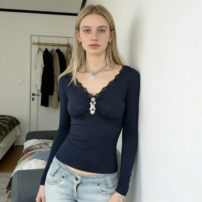 Casual Long Sleeve Patchwork Slim Fit Stretch Knit Top Lace Rhinestone Sexy V-Neck Comfort