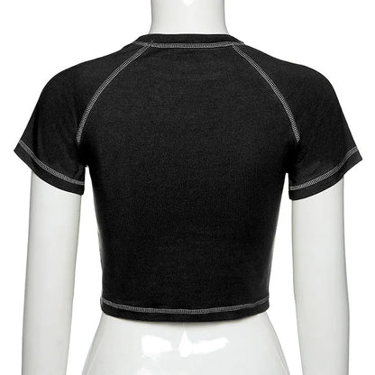 Women's T-shirt Harajuku Crop Top Retro Korean Black Demon Punk Gothic Anime Print Clothes Slim