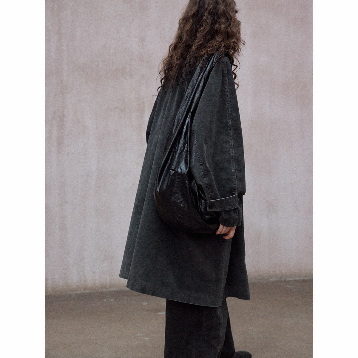 Pure handmade dirty dyed velvet washing process retro small square neck silhouette trench coat