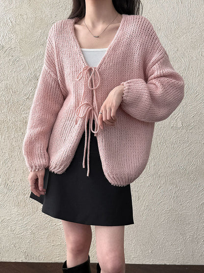 Retro wool lazy soft waxy knitted lace-up cardigan women's early spring new gentle and light sweater