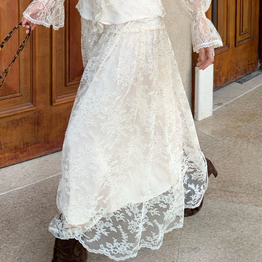 High-waisted A-shaped long embroidered lace skirt
