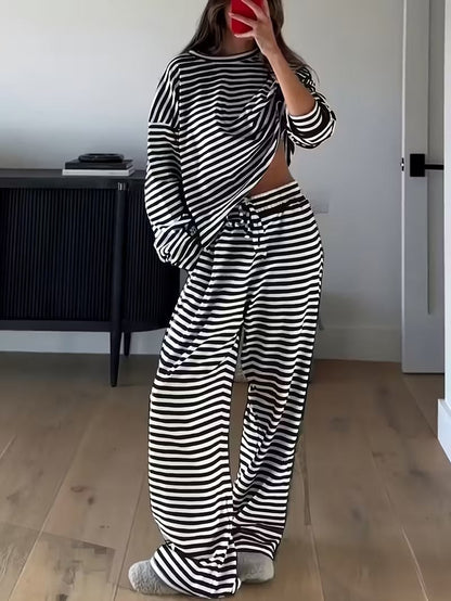 Striped Casual Two-Piece Set Women Long Sleeve Top High Waist Pants