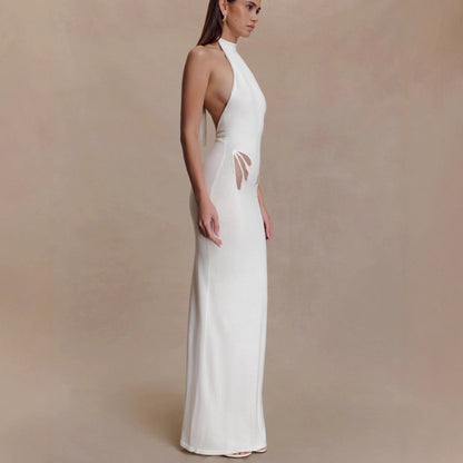 Sexy slim-fit hollowed-out neck-hanging knitted hip-wrapped skirt backless vacation dress