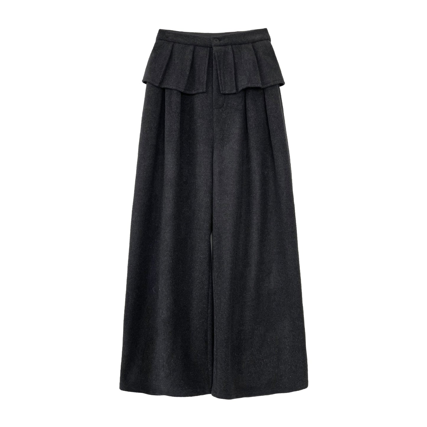 Korean style thickened wool blend wide-leg pants with patchwork detail - women's winter design, warm and casual trousers