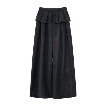 Korean style thickened wool blend wide-leg pants with patchwork detail - women's winter design, warm and casual trousers