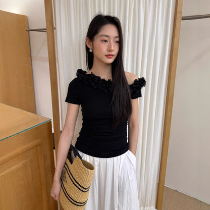 Women's 3D Floral Off-Shoulder Asymmetric Sleeve Pinch-Waist Tencel Top