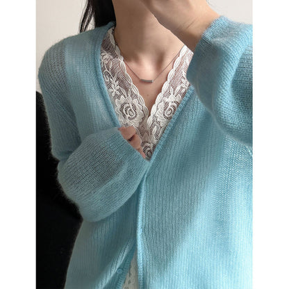 Korean gentle lazy wind wool cardigan women's 26 spring V-neck mohair knitted sweater jacket