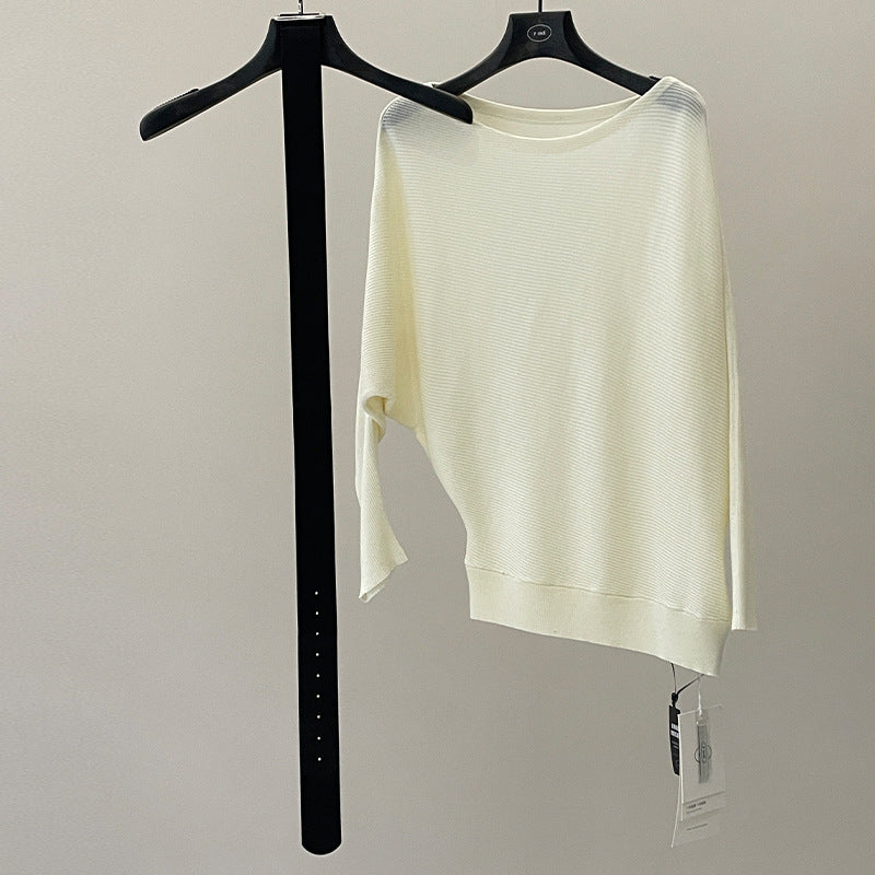 Temperament slanted shoulder knitted sweater women's spring soft waxy skin-friendly loose bat sleeve sweater