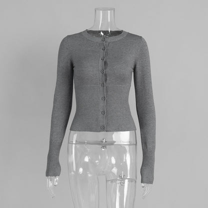 Round Neck Long Sleeve Cardigan Women Slim Fit Button-Front Knit Sweater