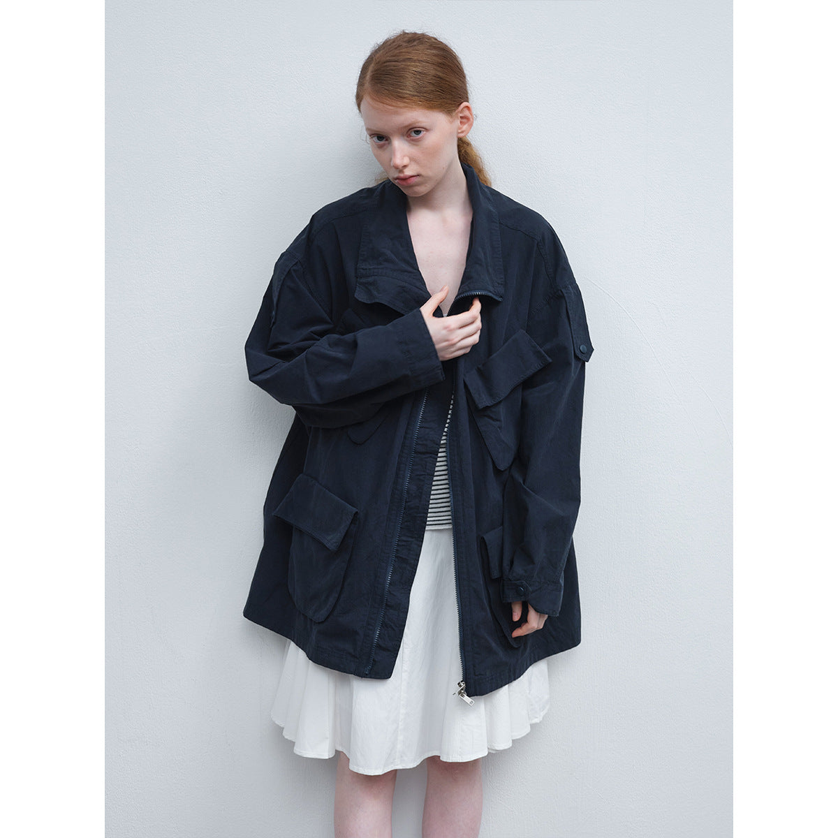Spring new casual lapel linen cotton solid color tooling multi-pocket long thin coat