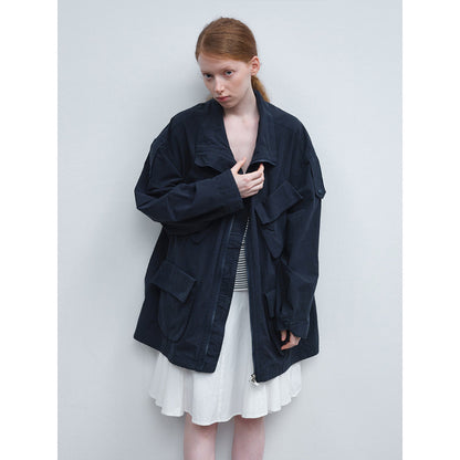 Spring new casual lapel linen cotton solid color tooling multi-pocket long thin coat