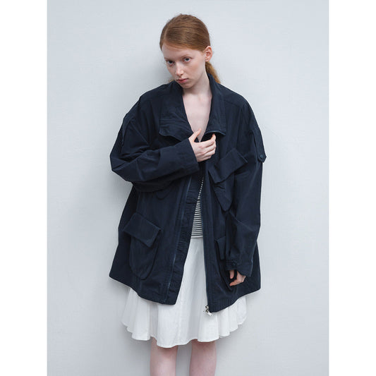 Spring new casual lapel linen cotton solid color tooling multi-pocket long thin coat
