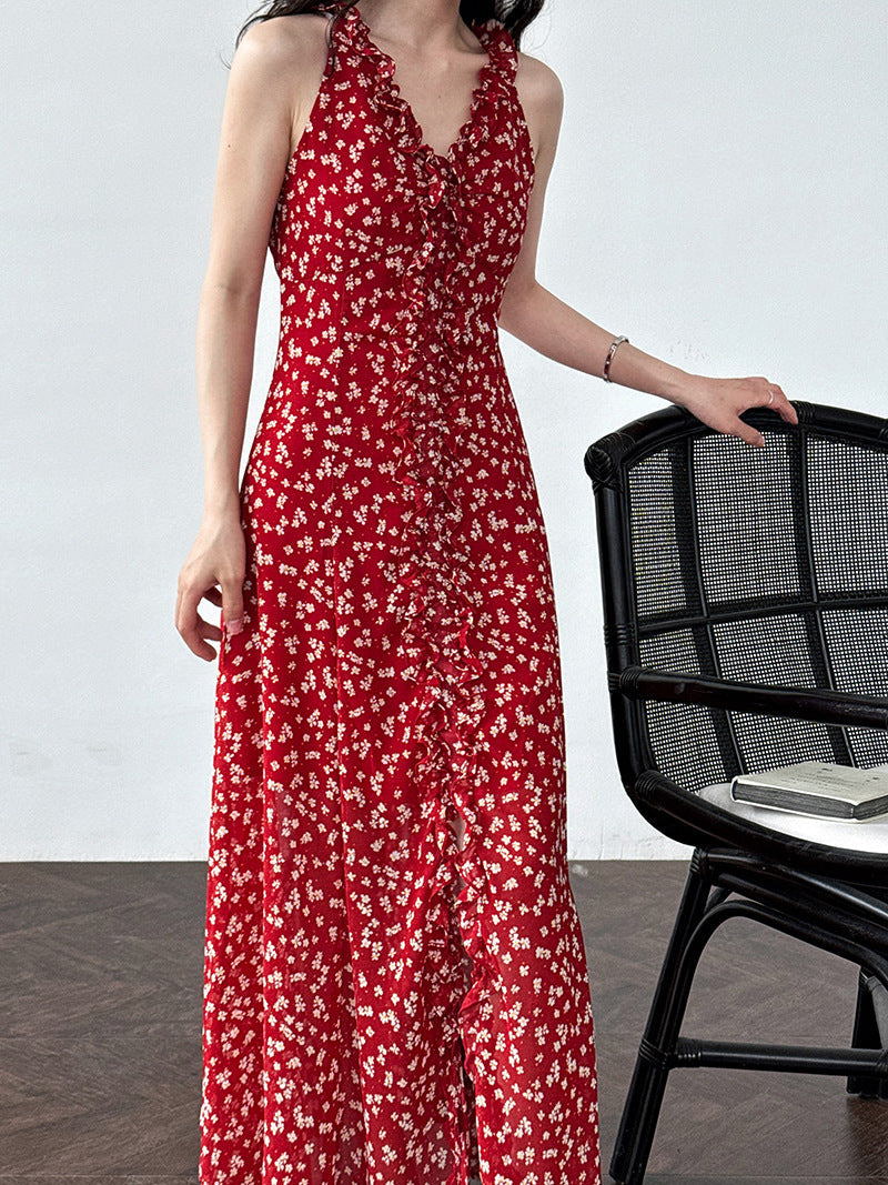 French floral seaside resort sundress summer new slimming V-neck lace halterneck dress