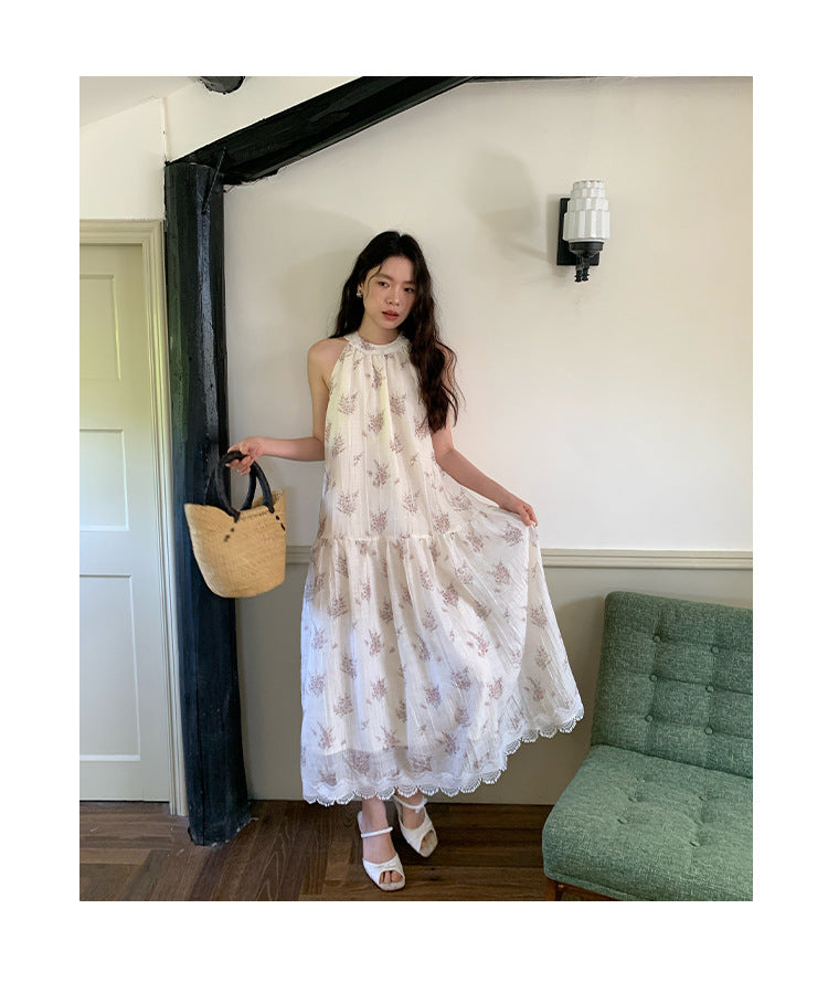 Sweet fairy fresh floral sleeveless neck sling dress