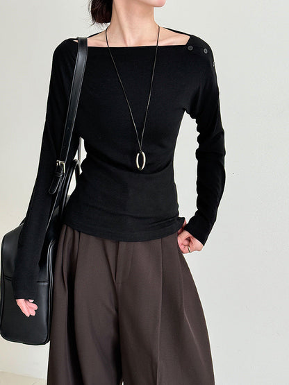 Korean asymmetrical button off-shoulder long-sleeved high-elastic bottoming shirt top women's Qiuxin slim-fitting and thin knitted sweater