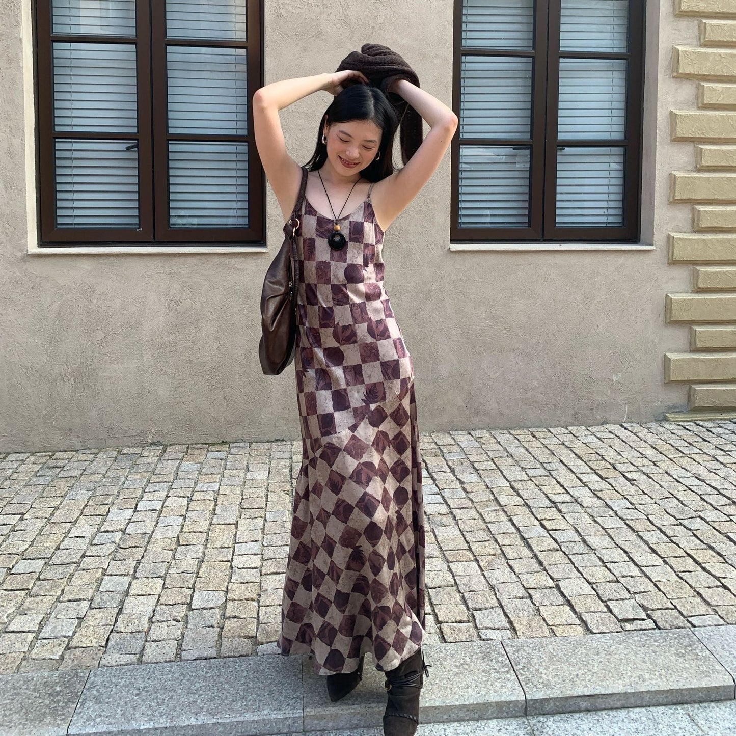 Skinny temperament checkerboard long suspender dress