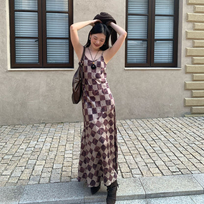 Skinny temperament checkerboard long suspender dress